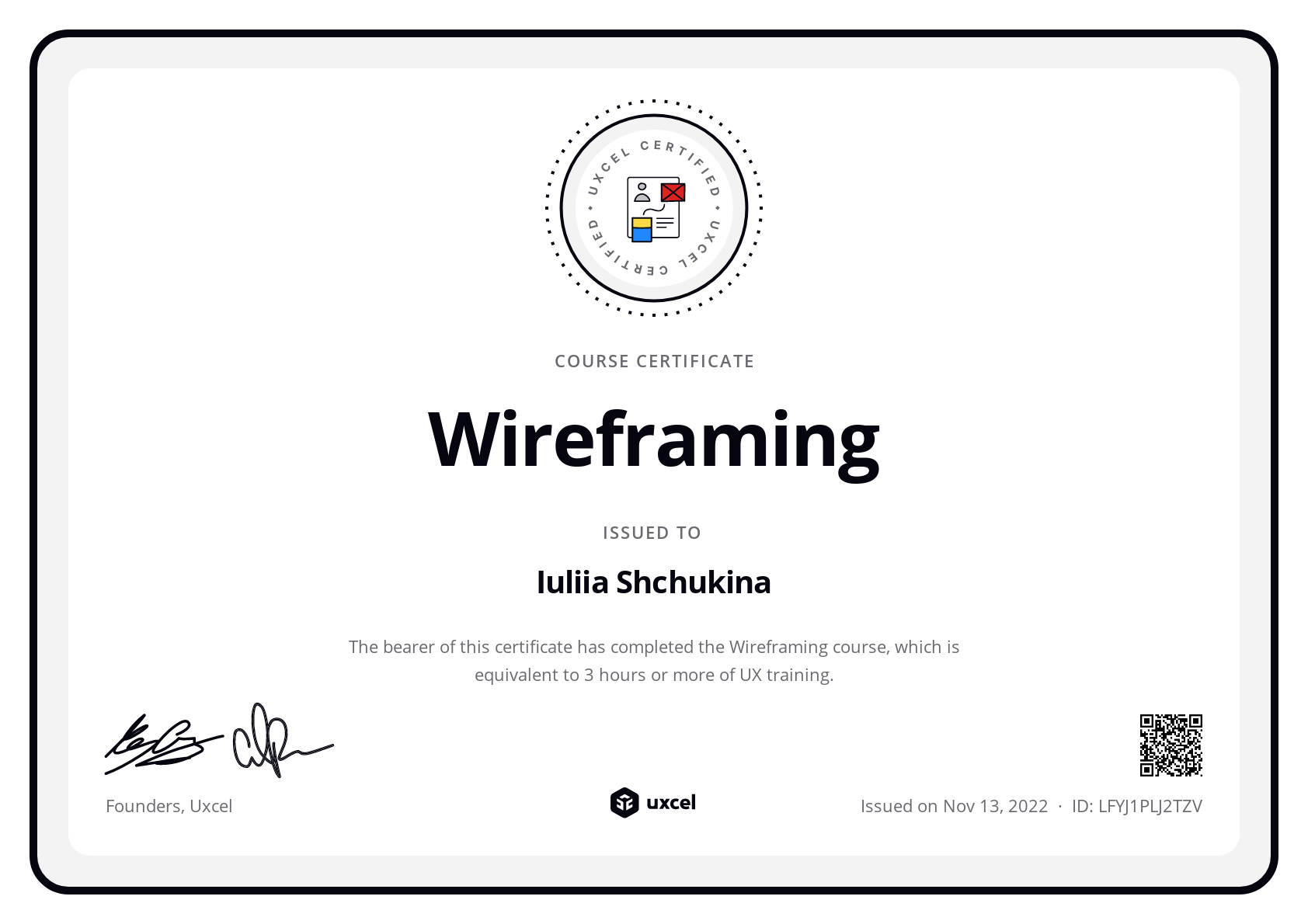 Iuliia Shchukina's certificate